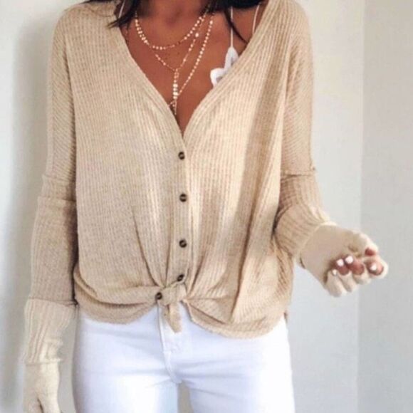 Urban Outfitters Out From Under Beige Jojo Thermal Henley Shirt Size Medium - Picture 2 of 13